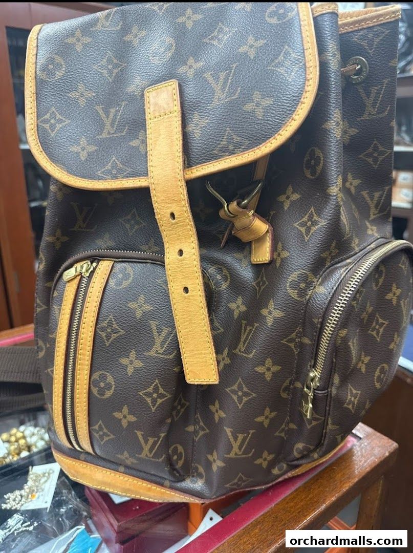 A close-up of a Louis Vuitton monogram backpack with leather trim and gold hardware.