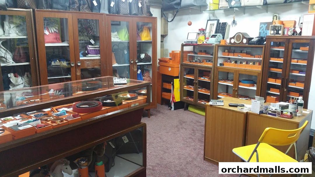 Interior view of a shop displaying handbags, belts, and accessories in display cases and shelves.
