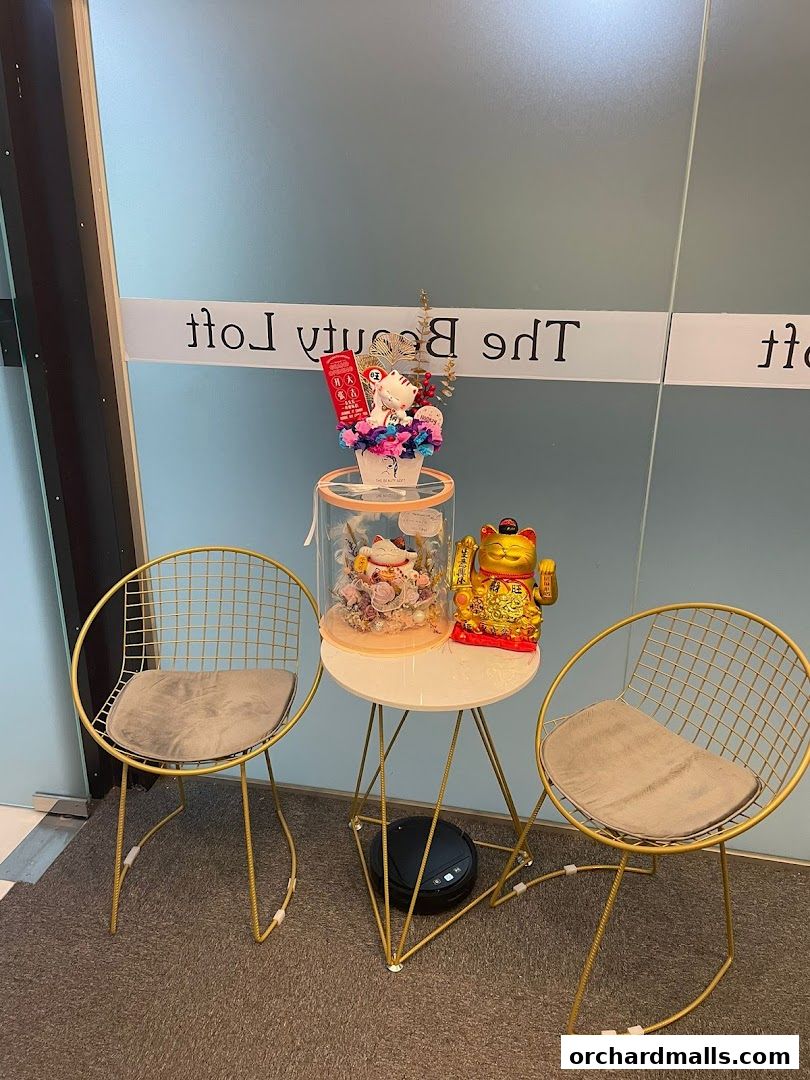 Two modern chairs flank a table with floral arrangements and a lucky cat statue.