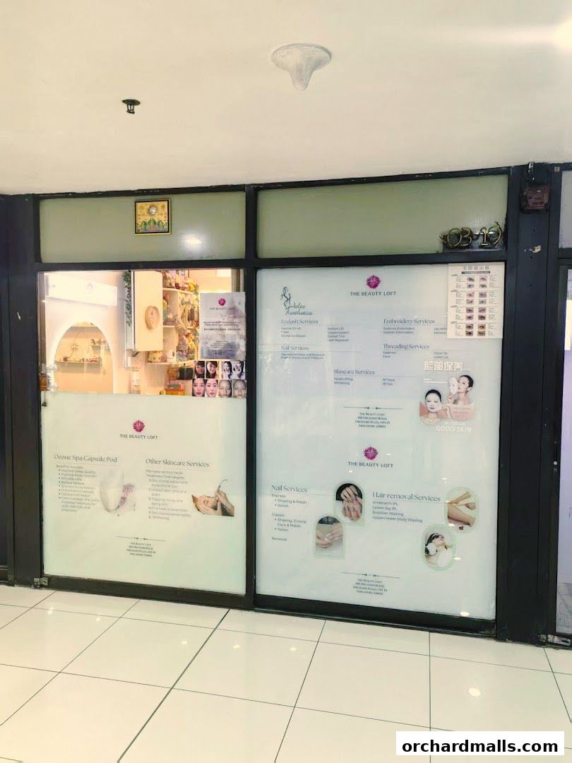 The Beauty Loft shop front displays various beauty services offered, including skincare, nails, and hair removal.