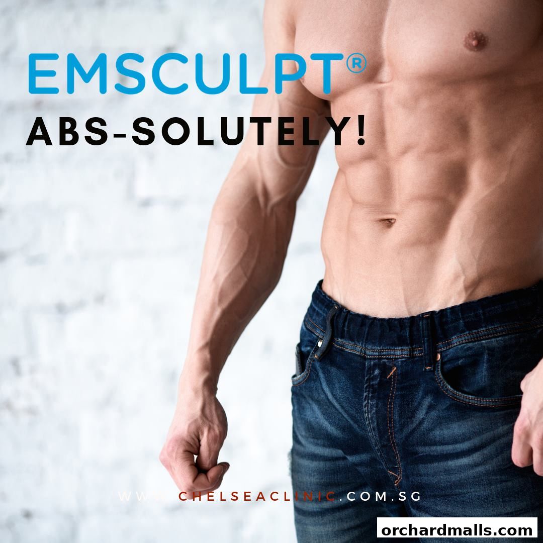 A man's toned abdomen and arm with text promoting EMSCULPT.