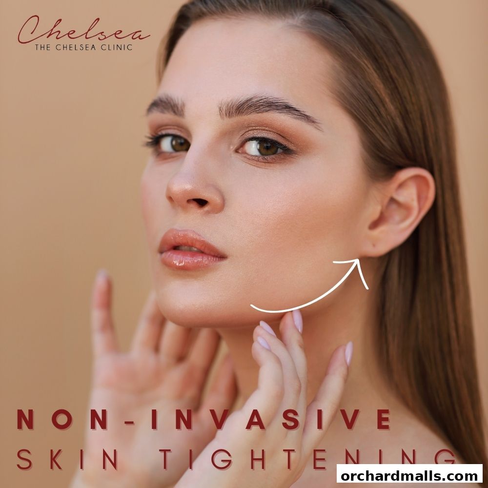 A woman's face with text overlay promoting non-invasive skin tightening.
