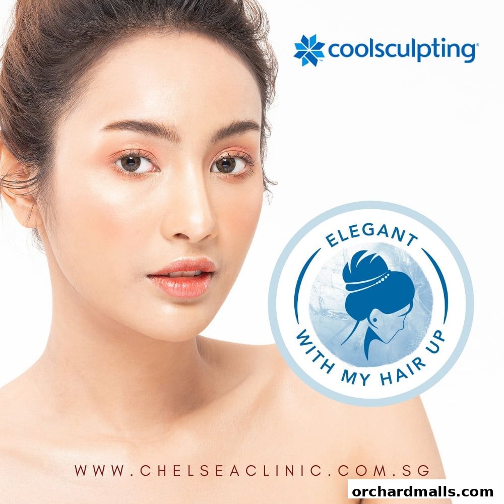 A close-up of a woman's face with a CoolSculpting logo and clinic website.