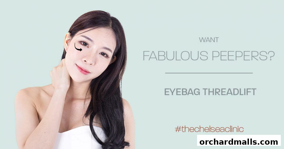 A woman with an arrow indicating an eyebag threadlift treatment.