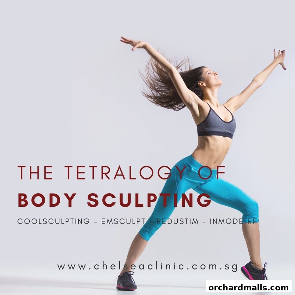 A woman in athletic wear poses dynamically, promoting body sculpting services.