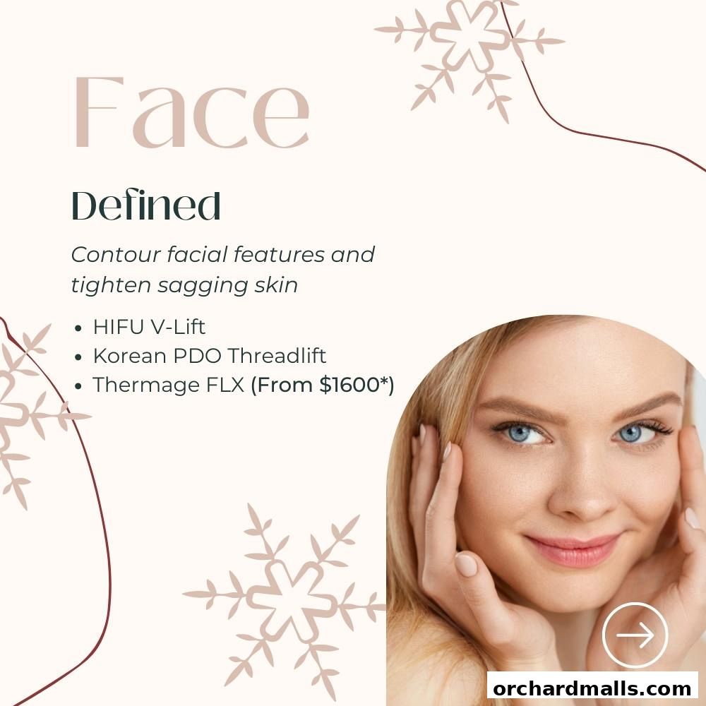 Image promoting facial contouring and skin tightening treatments with listed services.