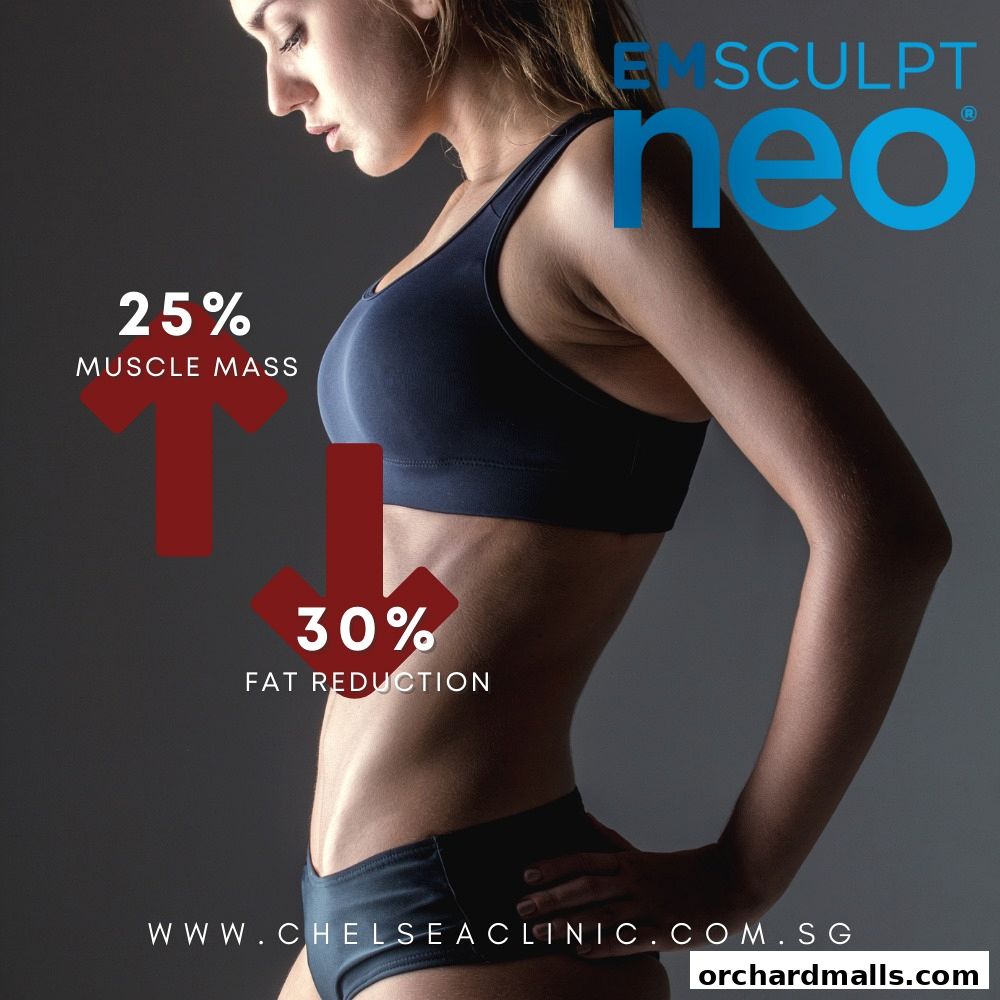 A woman's torso showcasing the results of Emsculpt Neo for muscle mass and fat reduction.
