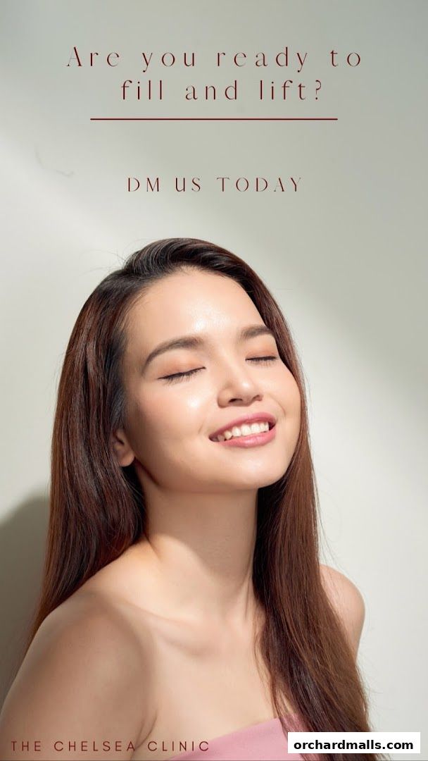 A woman with closed eyes and a gentle smile, promoting aesthetic treatments.