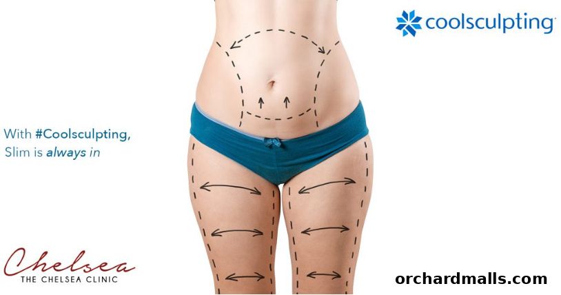 A person's midsection and thighs marked with dashed lines and arrows for CoolSculpting.