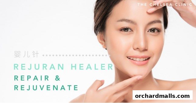 A woman's face with text promoting Rejuran Healer for repair and rejuvenation.