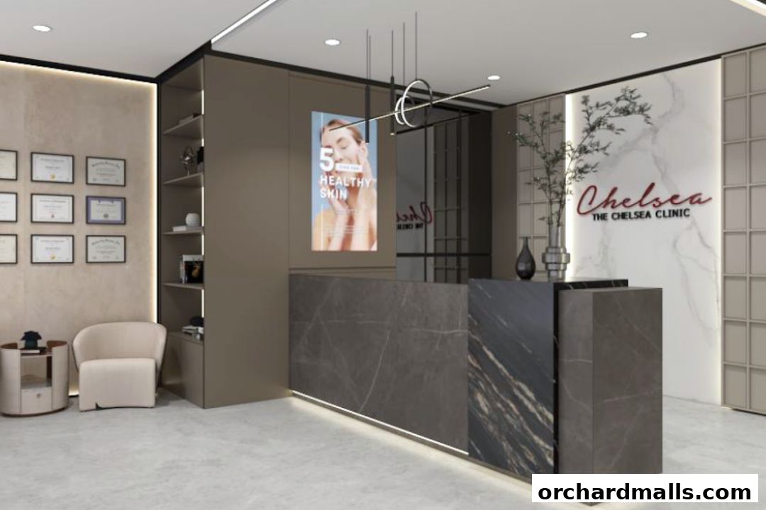 The reception area of The Chelsea Clinic features a modern desk, comfortable seating, and promotional displays.