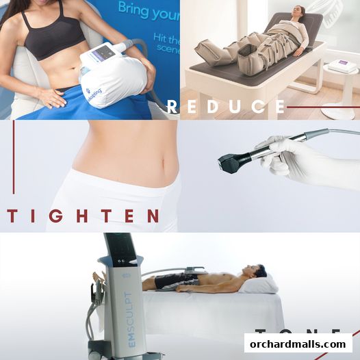 Collage of images showcasing body contouring treatments for reducing, tightening, and toning.