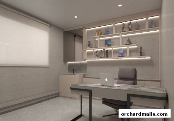 A modern office interior with a desk, laptop, chair, and display shelves.