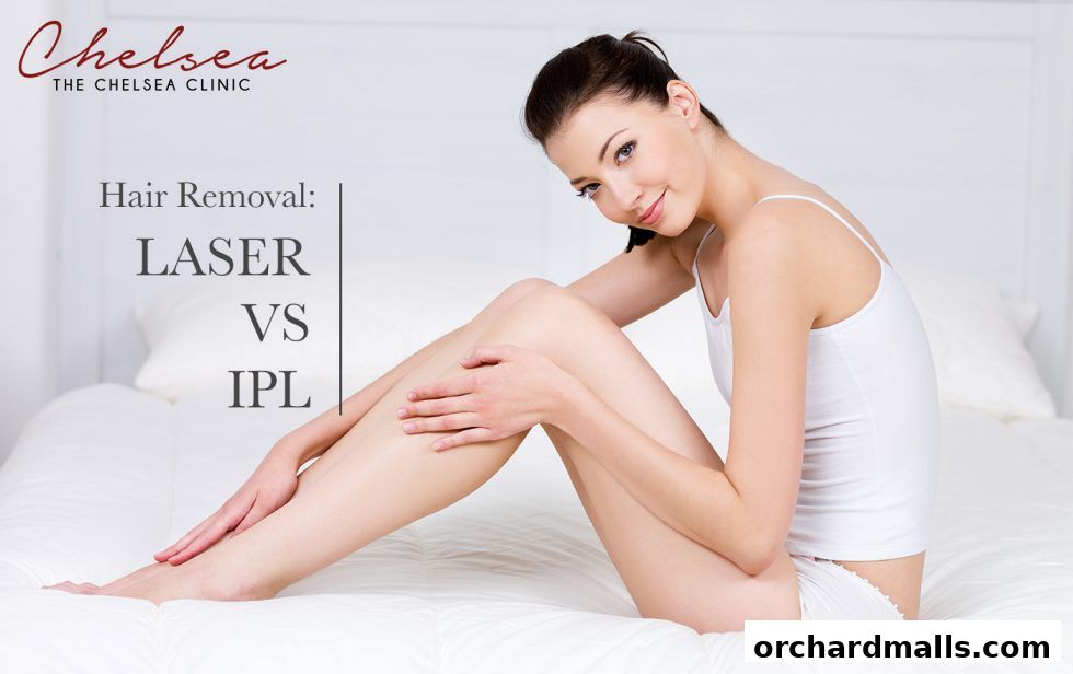 A woman with smooth legs is featured in an advertisement for The Chelsea Clinic's hair removal services.