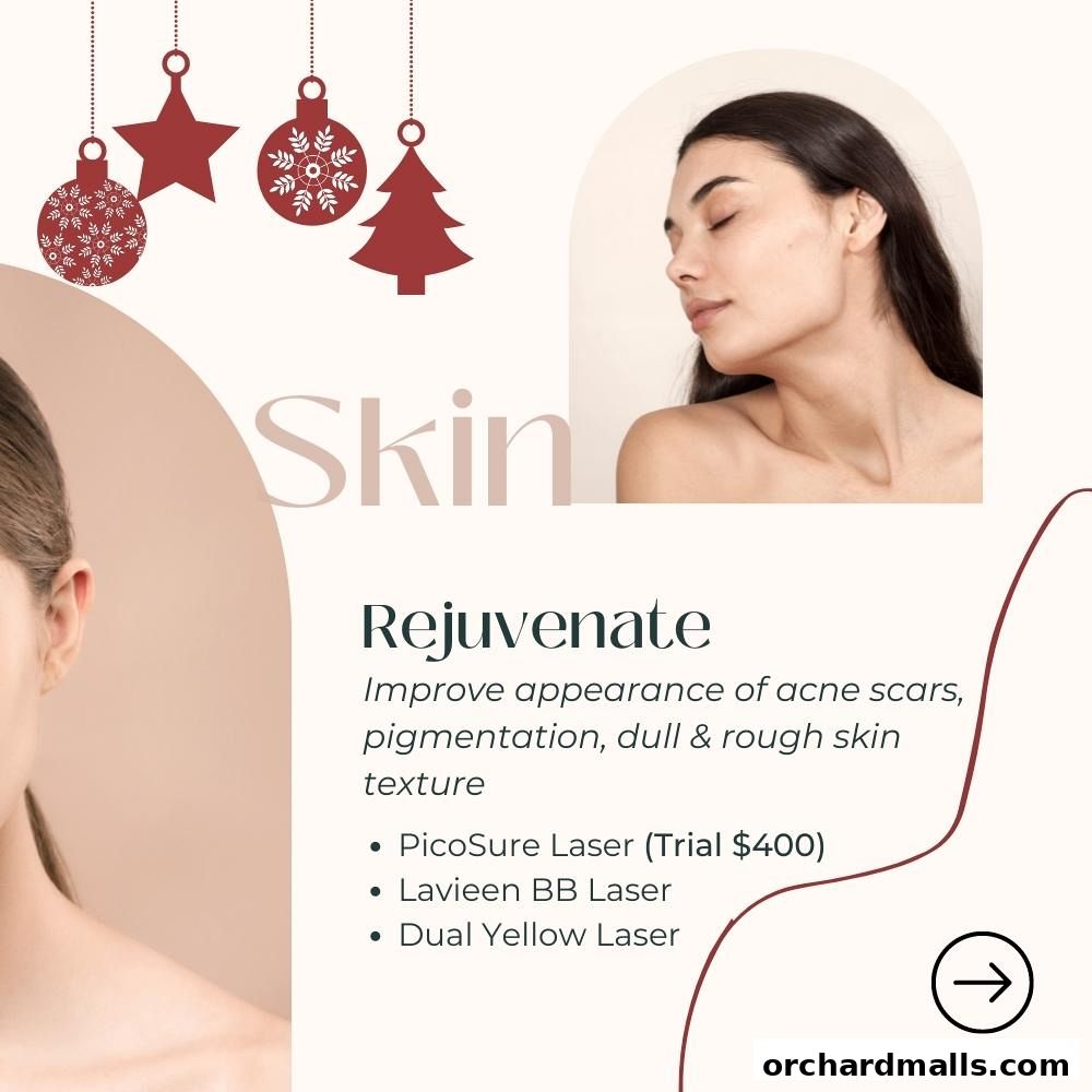 A graphic promoting skin rejuvenation treatments with images of women and festive ornaments.