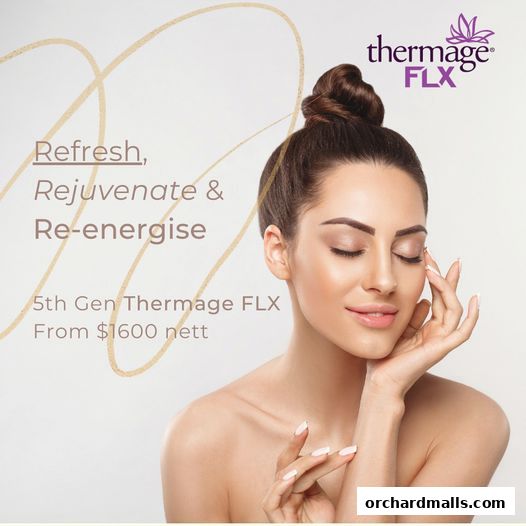 A woman with her eyes closed, touching her face, advertising Thermage FLX.