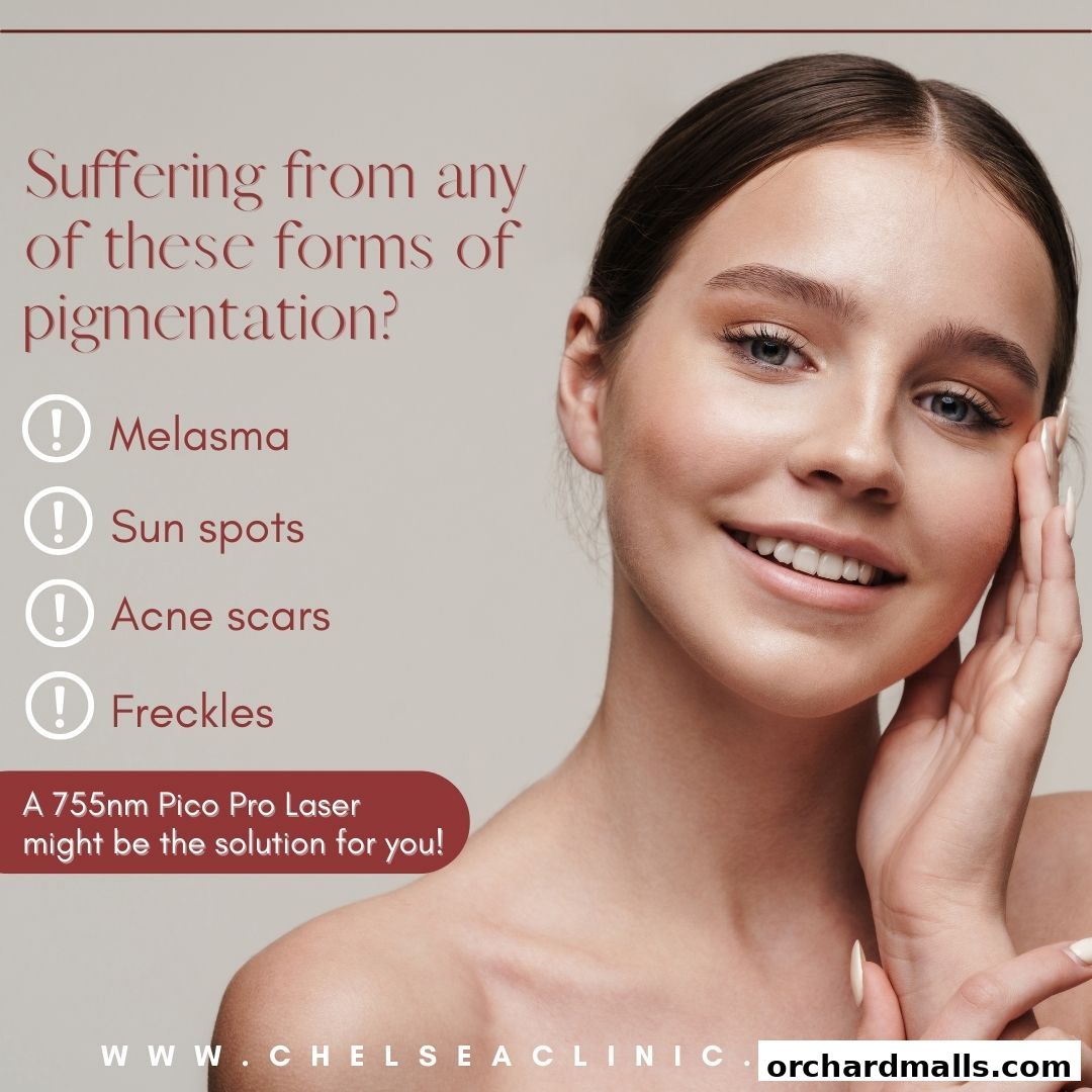 A woman's face with text about pigmentation treatments and a laser solution.