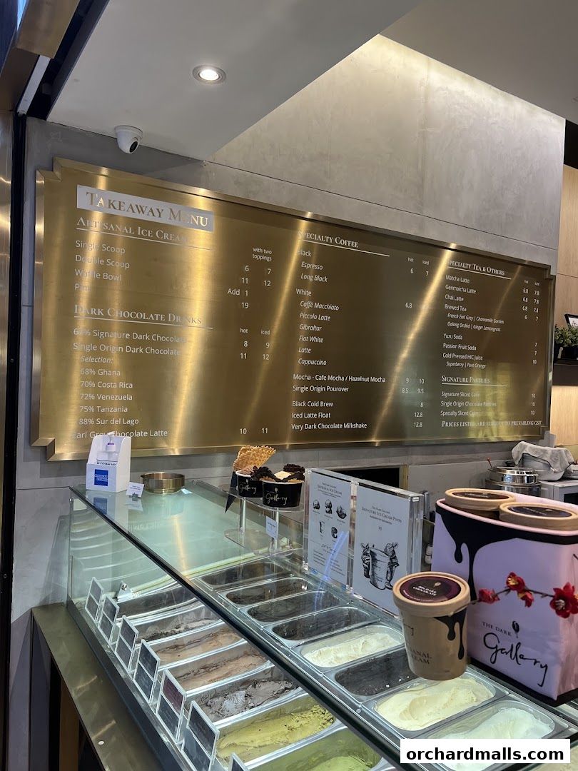 A takeaway menu for artisanal ice cream and specialty coffee at The Dark Gallery.