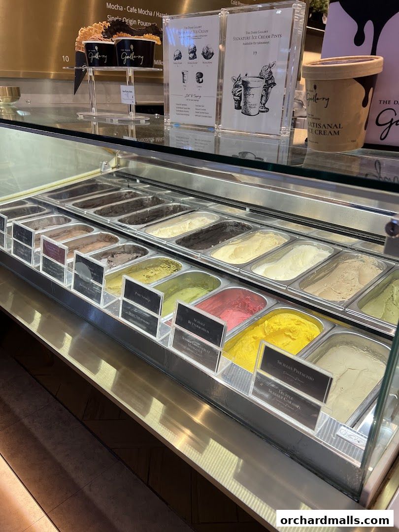 A display case filled with various flavors of artisanal ice cream at The Dark Gallery.