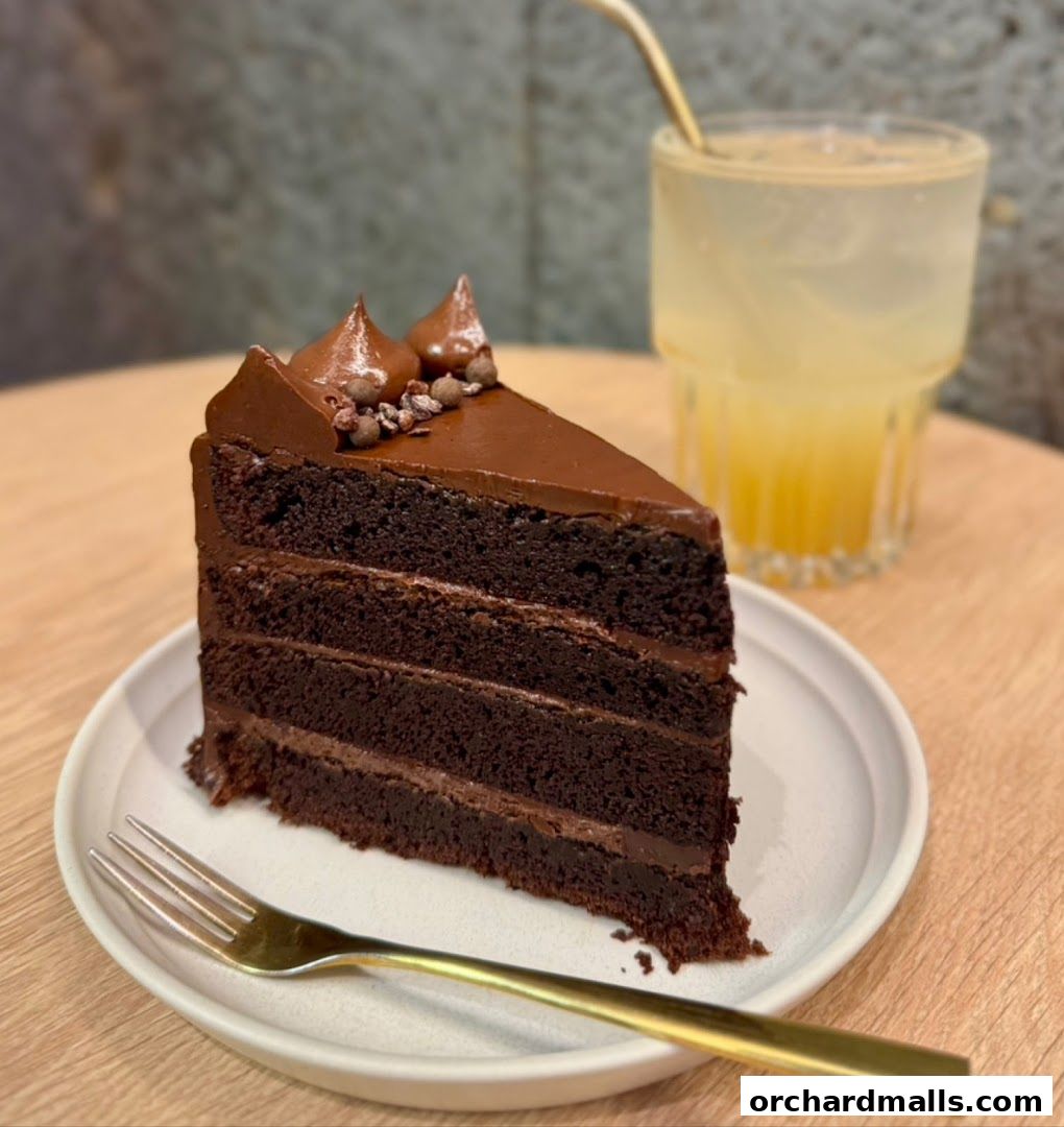 A decadent slice of chocolate cake with frosting and a refreshing drink.