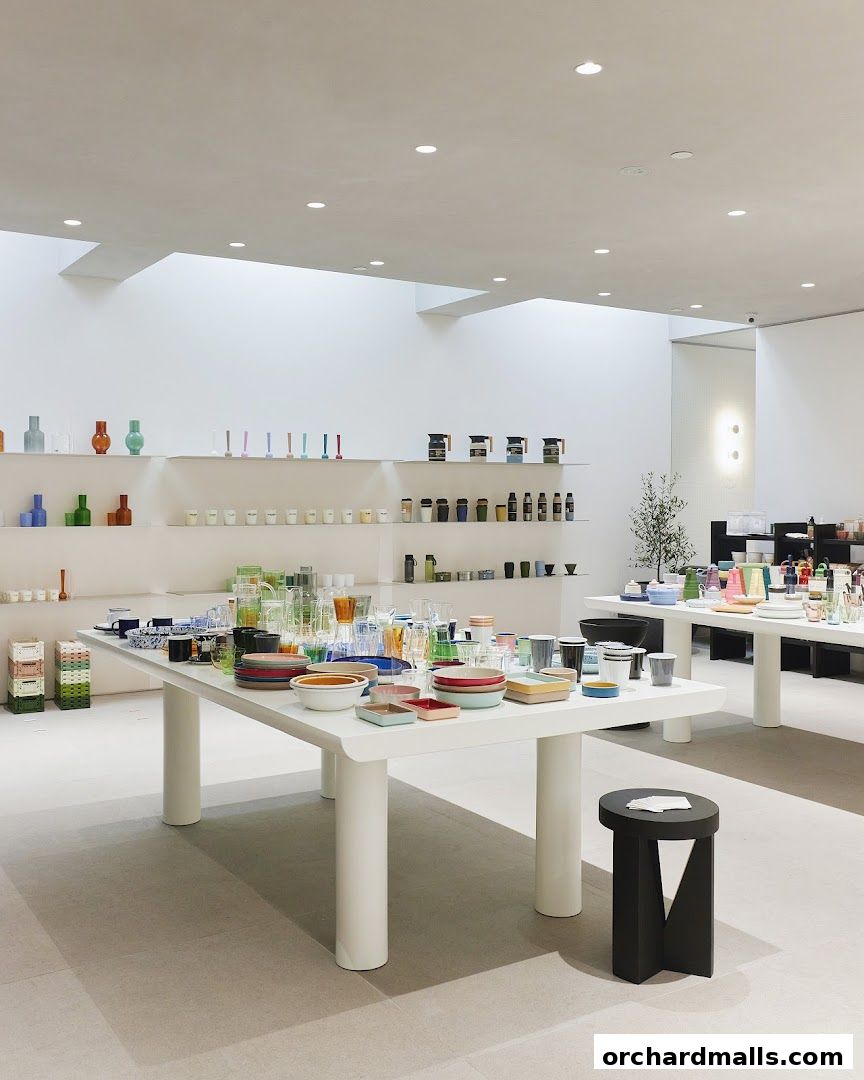 Interior of a modern retail store displaying colorful tableware and home decor items.
