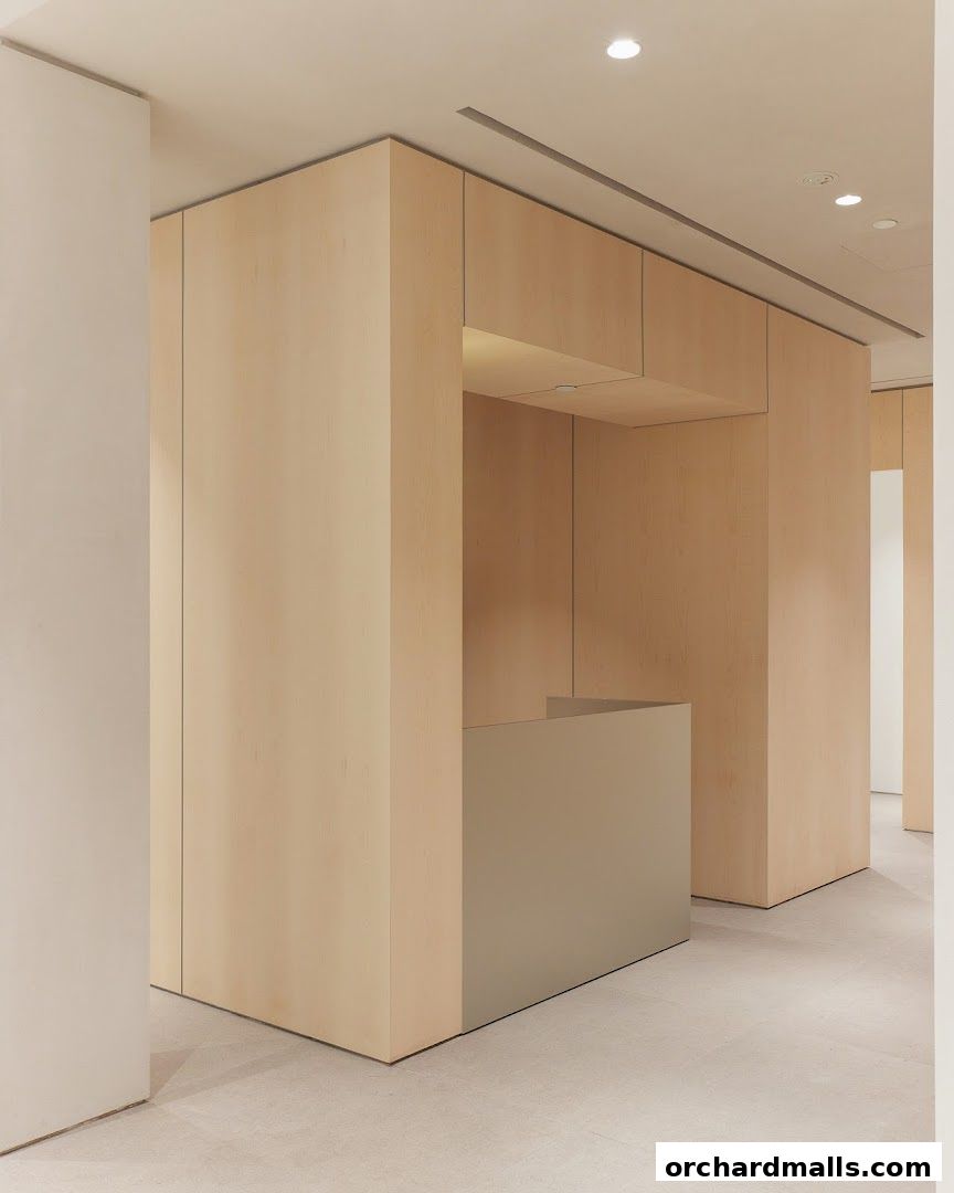A modern reception desk with light wood paneling and a neutral-toned counter.