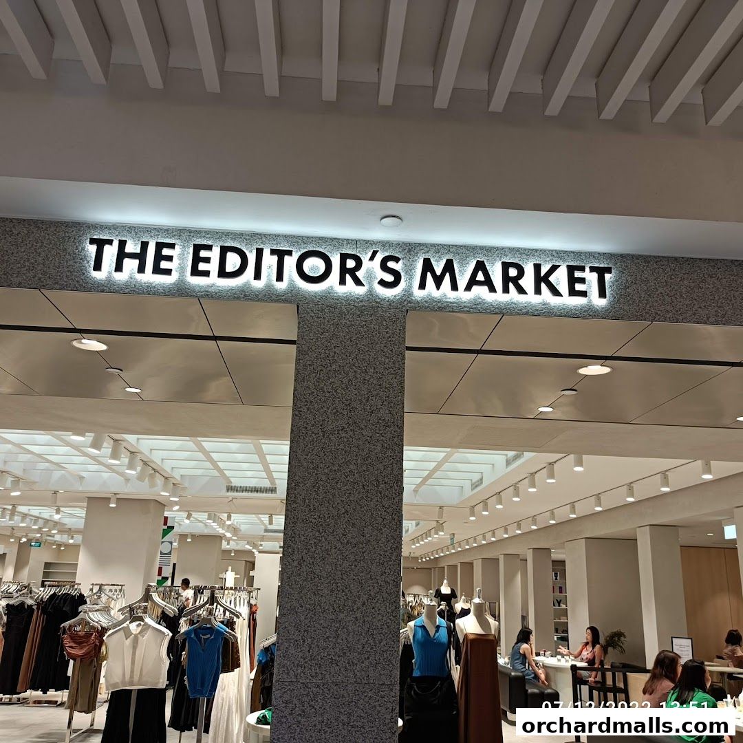 The entrance of THE EDITOR'S MARKET clothing store with mannequins and clothing racks visible.