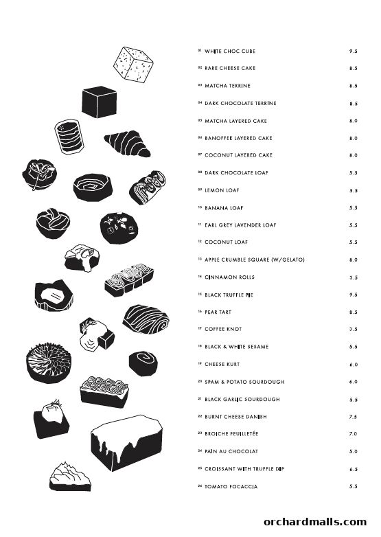 A menu with illustrations of baked goods and their prices.