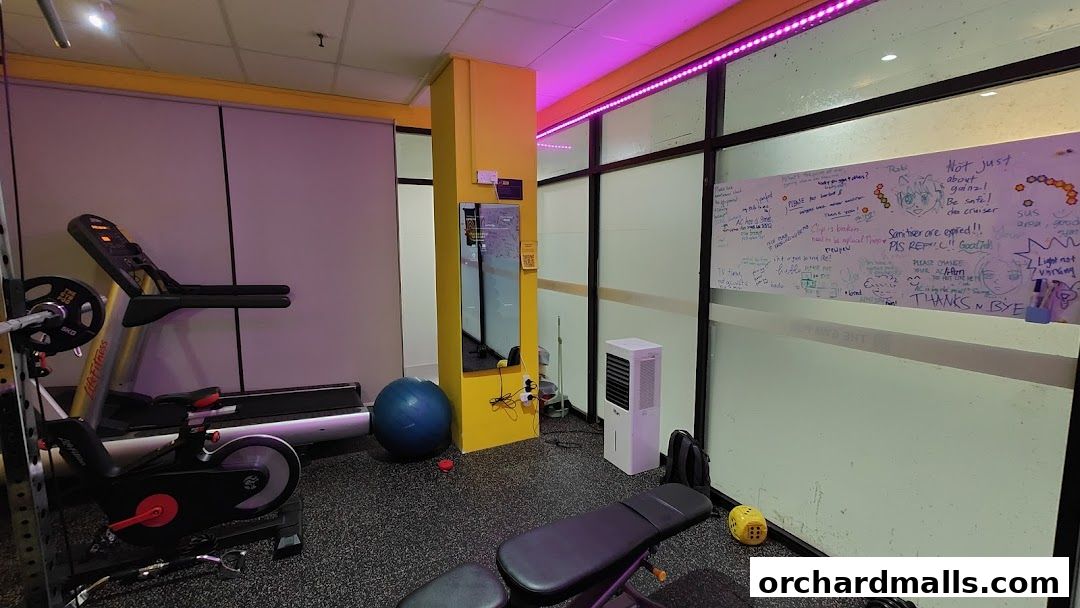 Interior of a gym with cardio machines, weights, and a whiteboard covered in messages.