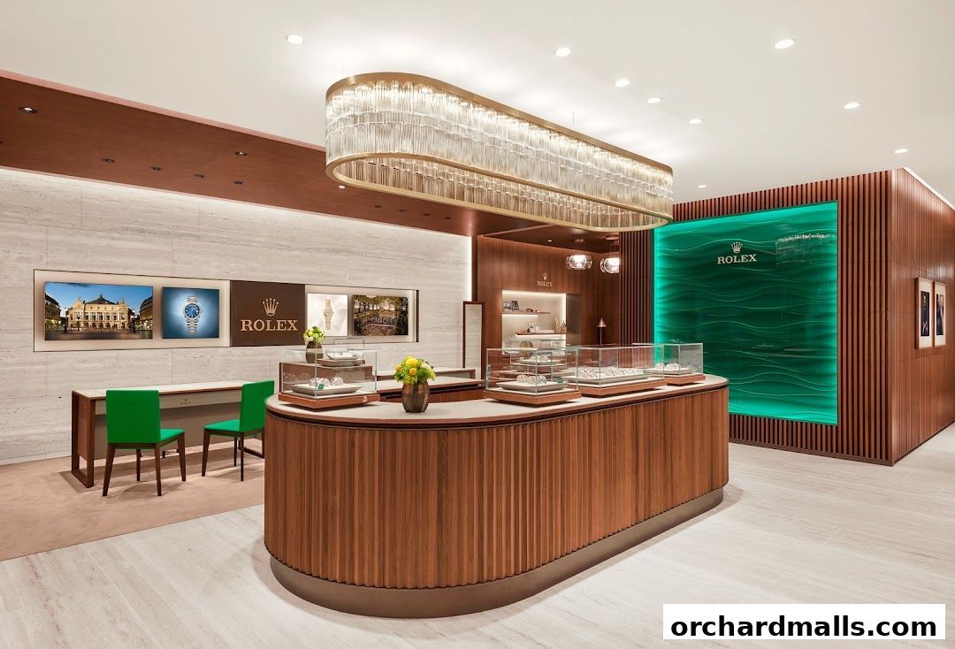 Interior of a luxury watch store featuring Rolex and Patek Philippe displays.