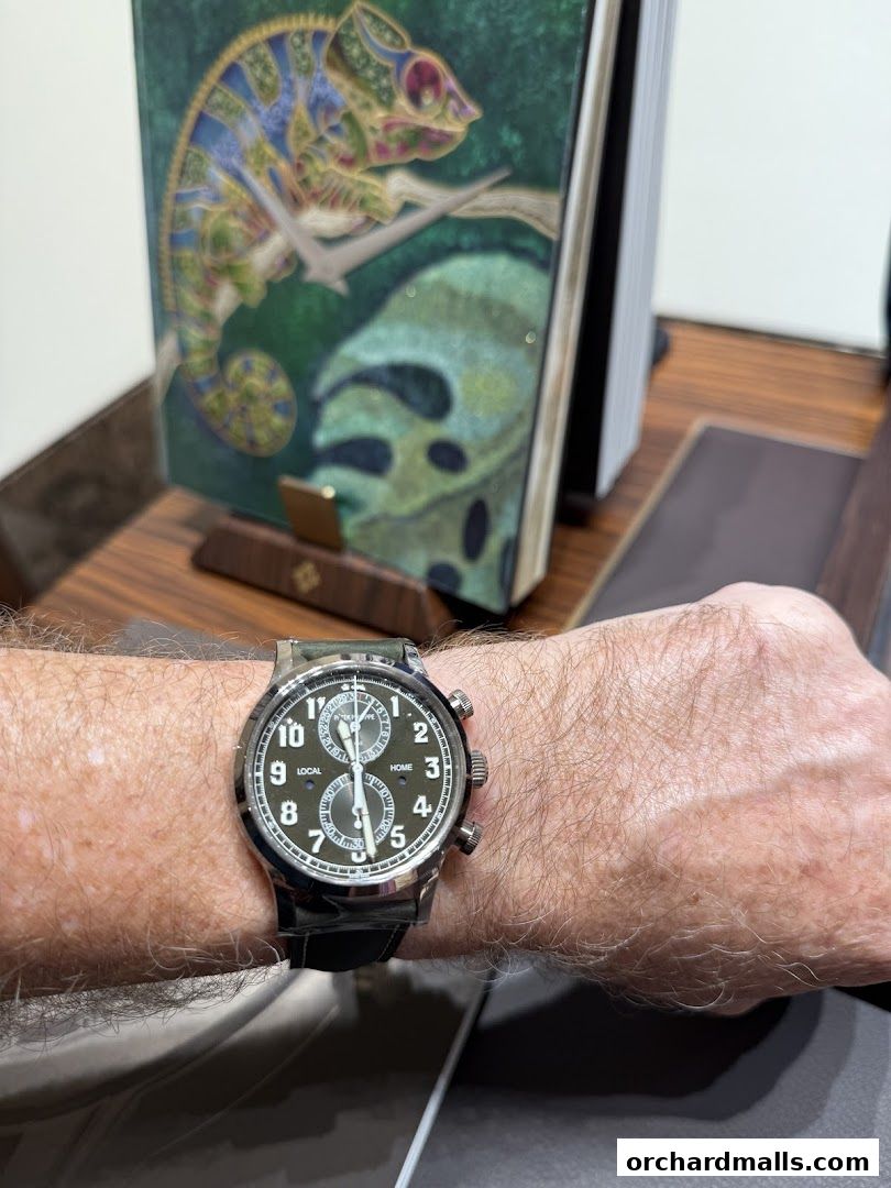 A close-up of a luxury watch on a wrist, with a chameleon-themed book in the background.