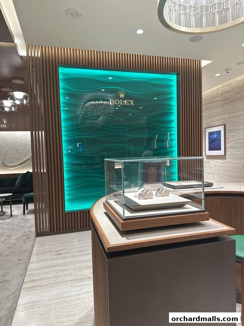 Interior of a luxury watch store featuring Rolex and Patek Philippe displays.
