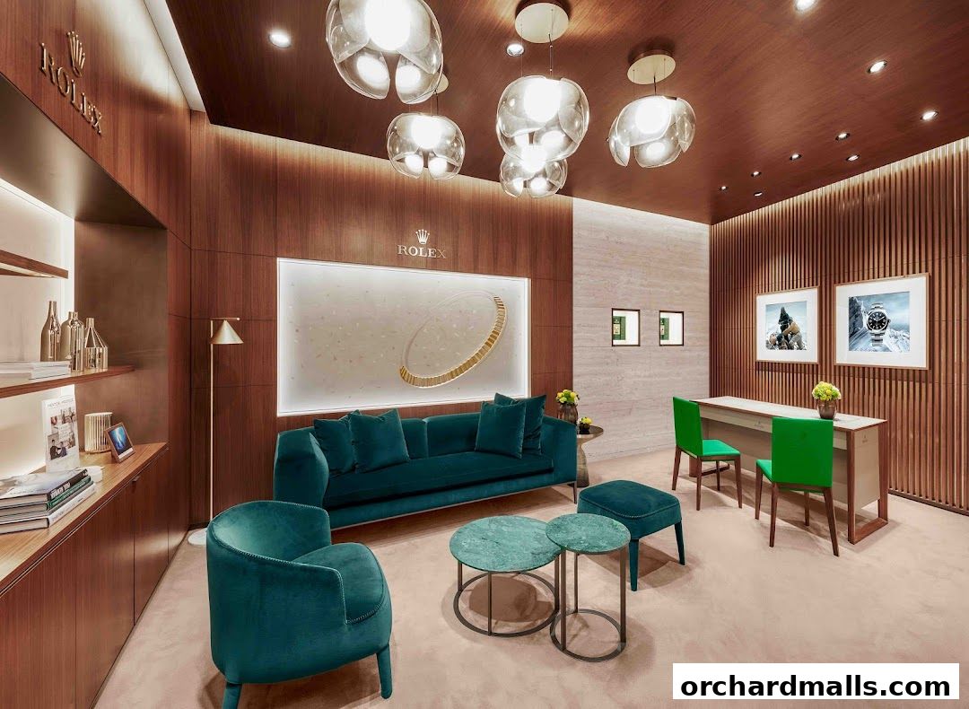Luxurious Rolex and Patek Philippe boutique interior with plush seating and elegant displays.