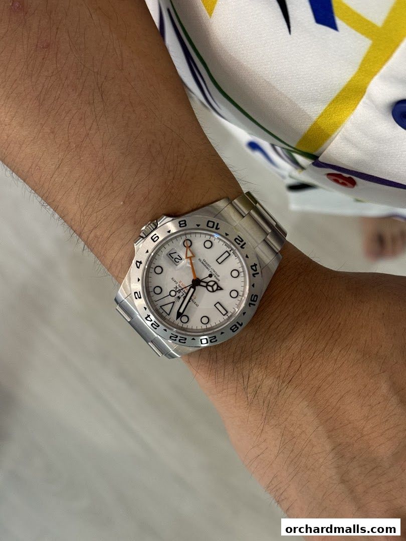 A close-up of a Rolex Explorer II watch on a person's wrist.