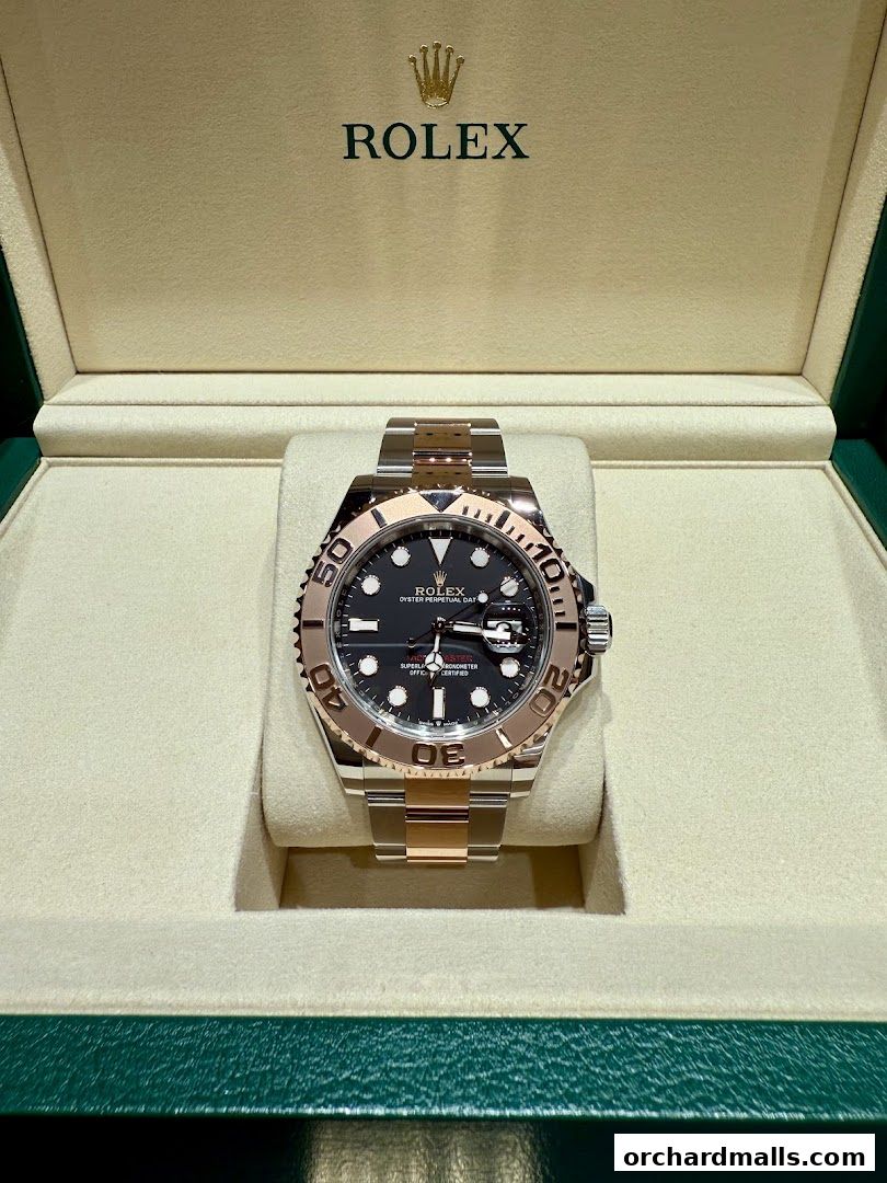 A luxurious Rolex watch displayed in its official box with the brand's logo.