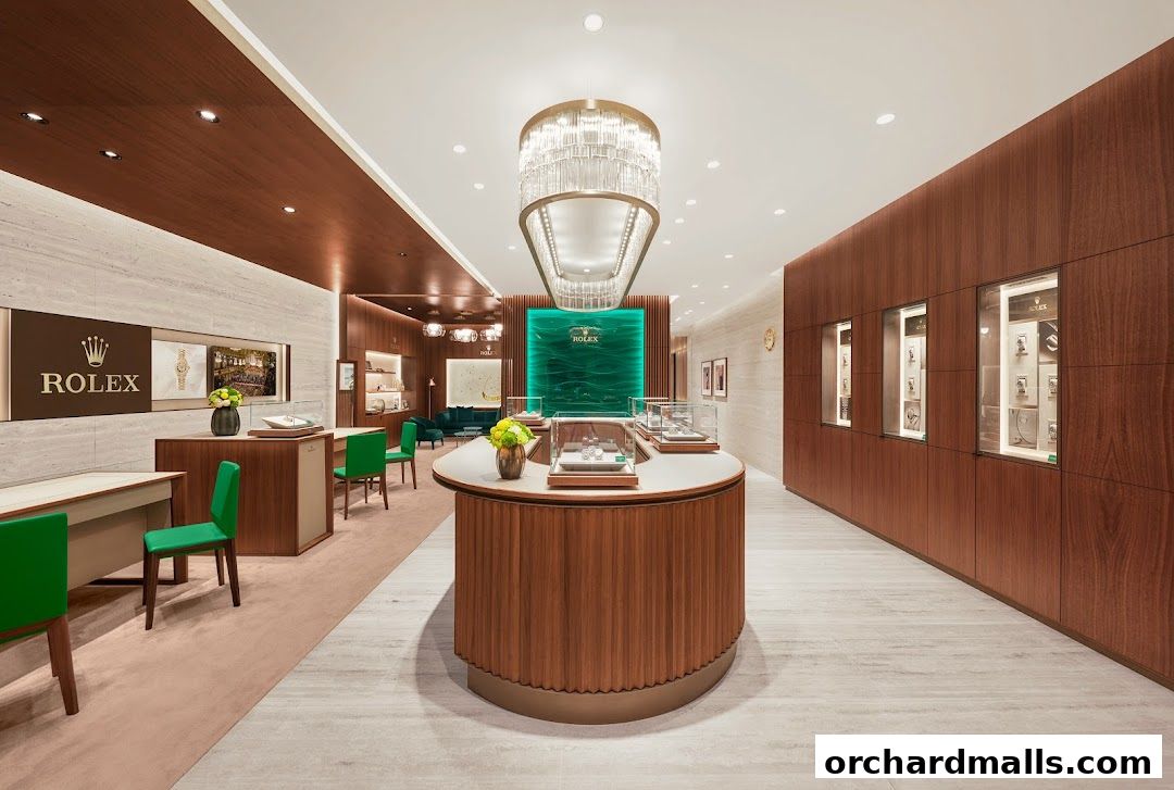 Luxurious interior of a Rolex and Patek Philippe watch retailer with elegant displays.