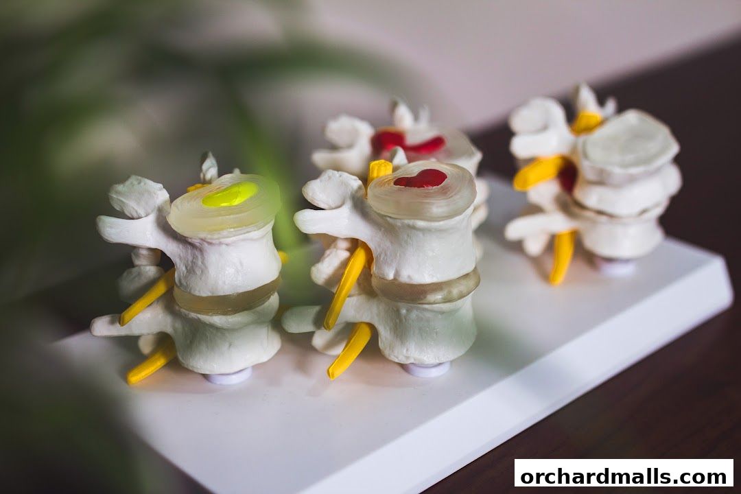 Close-up of anatomical models of human vertebrae and spinal discs.