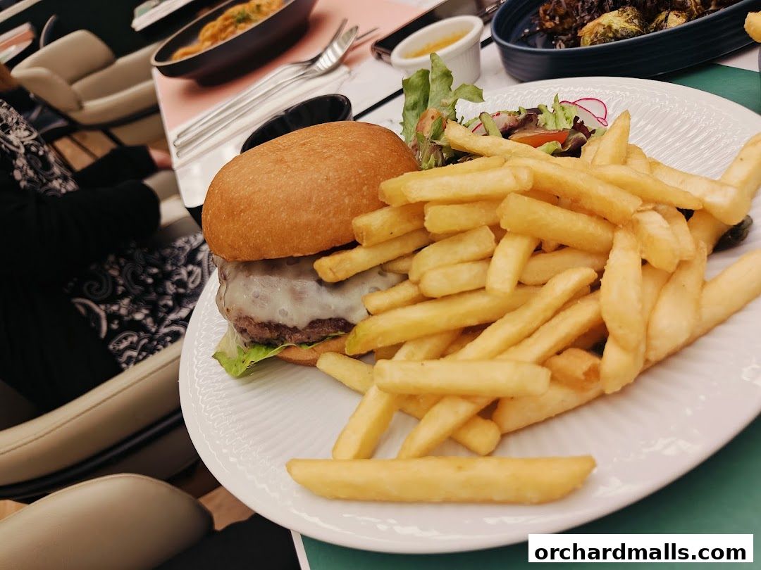 A close-up of a gourmet burger with melted cheese and a side of golden french fries.