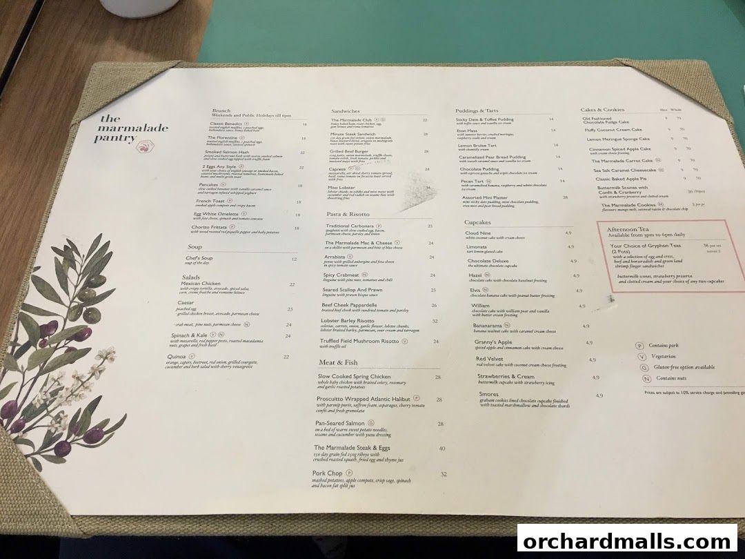 A menu from The Marmalade Pantry cafe bistro with various food and drink options.