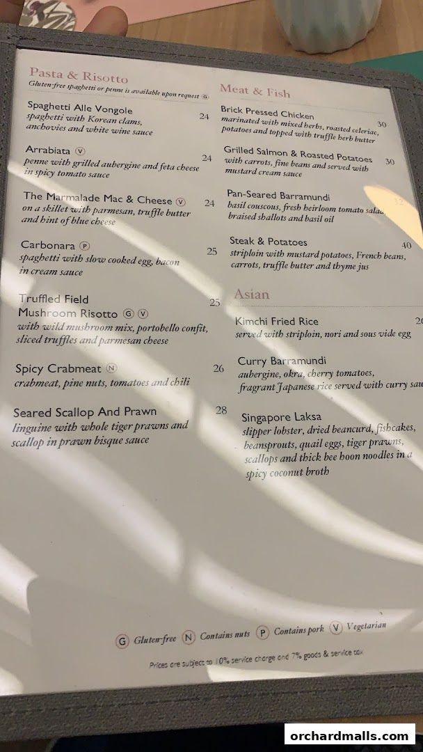 A menu from The Marmalade Pantry cafe bistro featuring pasta, risotto, meat, fish, and Asian dishes.