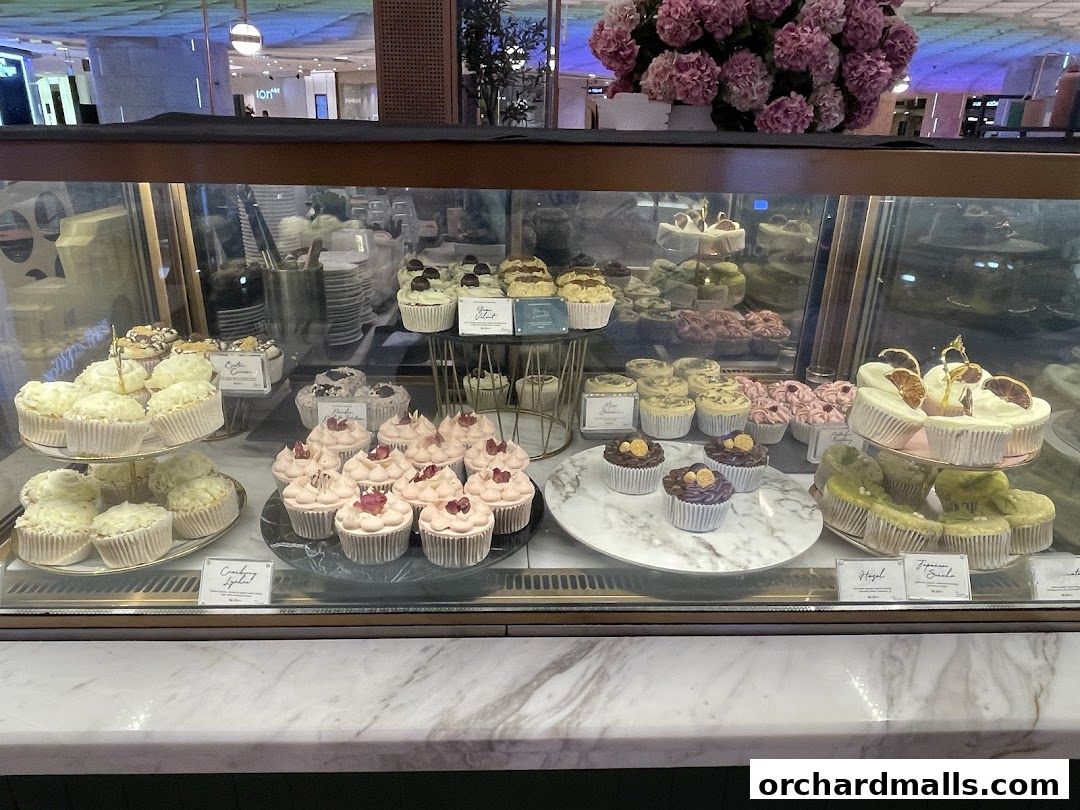 A display case filled with a variety of beautifully decorated cupcakes and cakes.