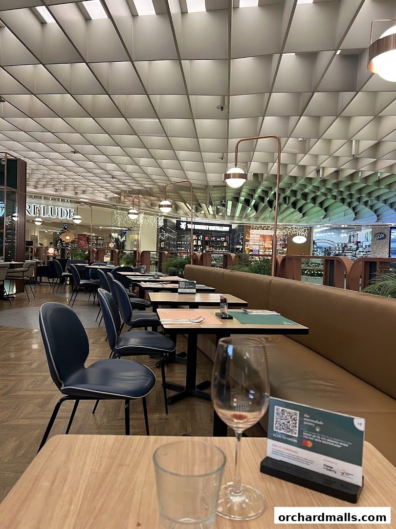 Interior view of a cafe bistro with tables, chairs, and a bar area in the background.