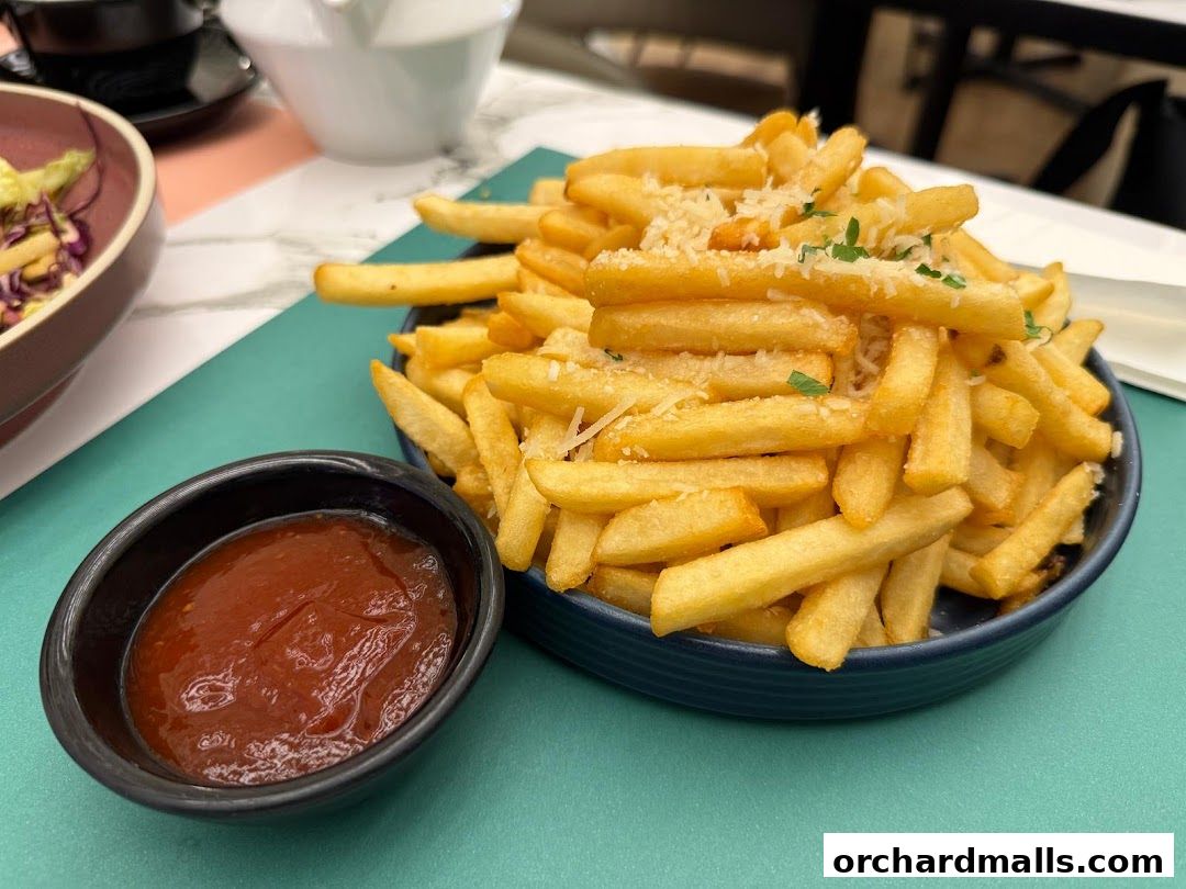 A close-up of a generous serving of golden french fries topped with grated cheese and parsley.