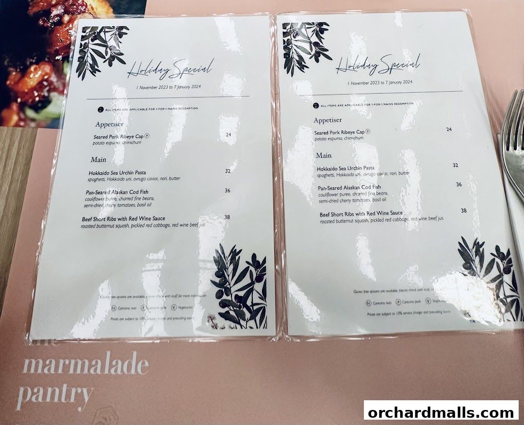 A menu featuring a holiday special with appetizers and main courses.