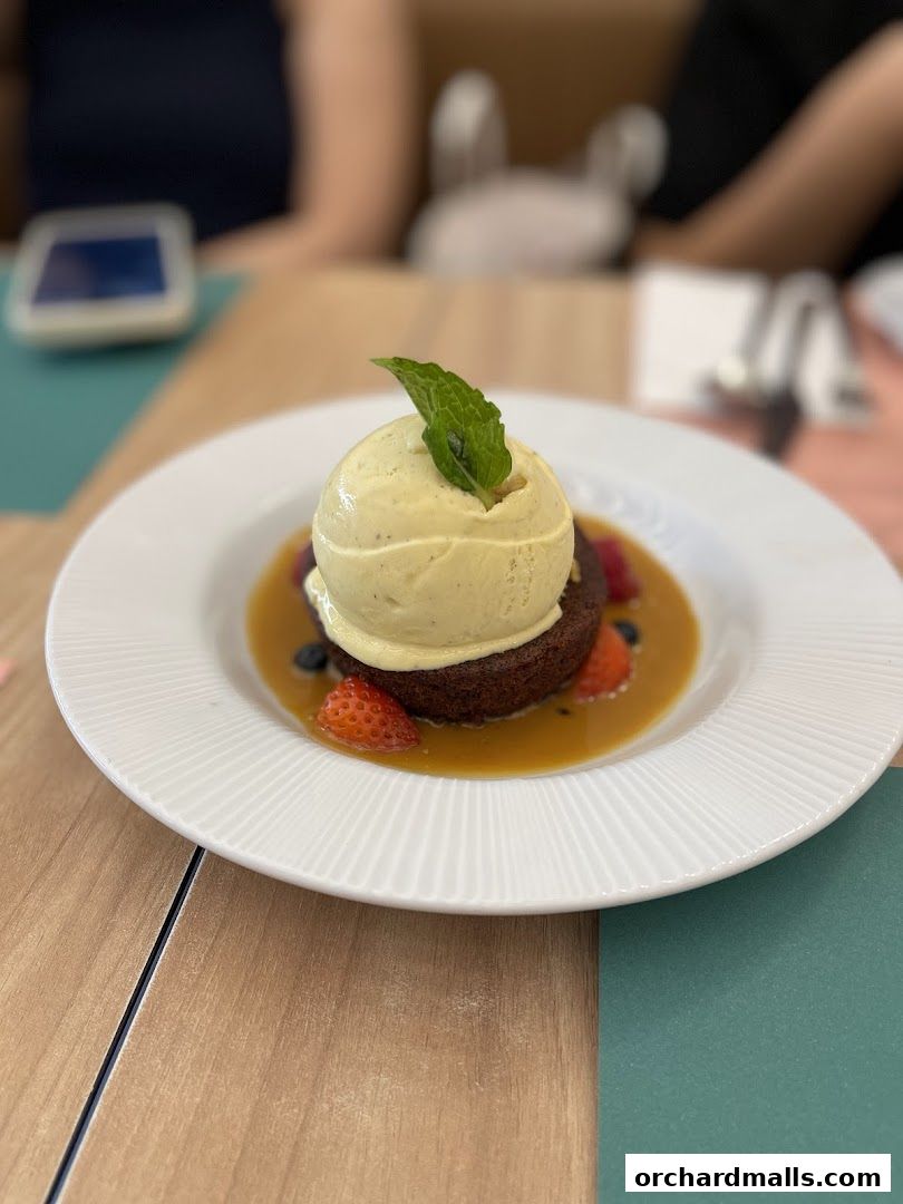 A close-up of a dessert with ice cream, berries, and sauce on a white plate.