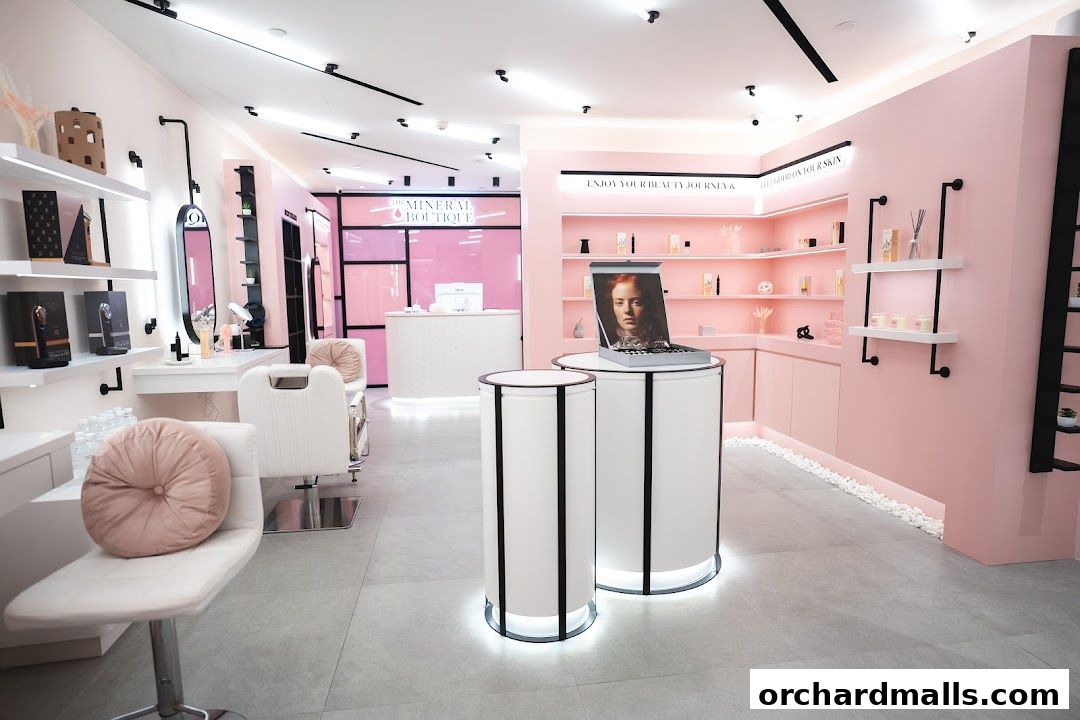 Interior of a modern beauty boutique with pink walls, shelves displaying products, and seating areas.