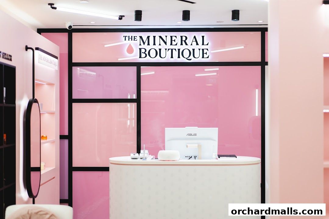 The interior of The Mineral Boutique, featuring a reception desk and product displays.