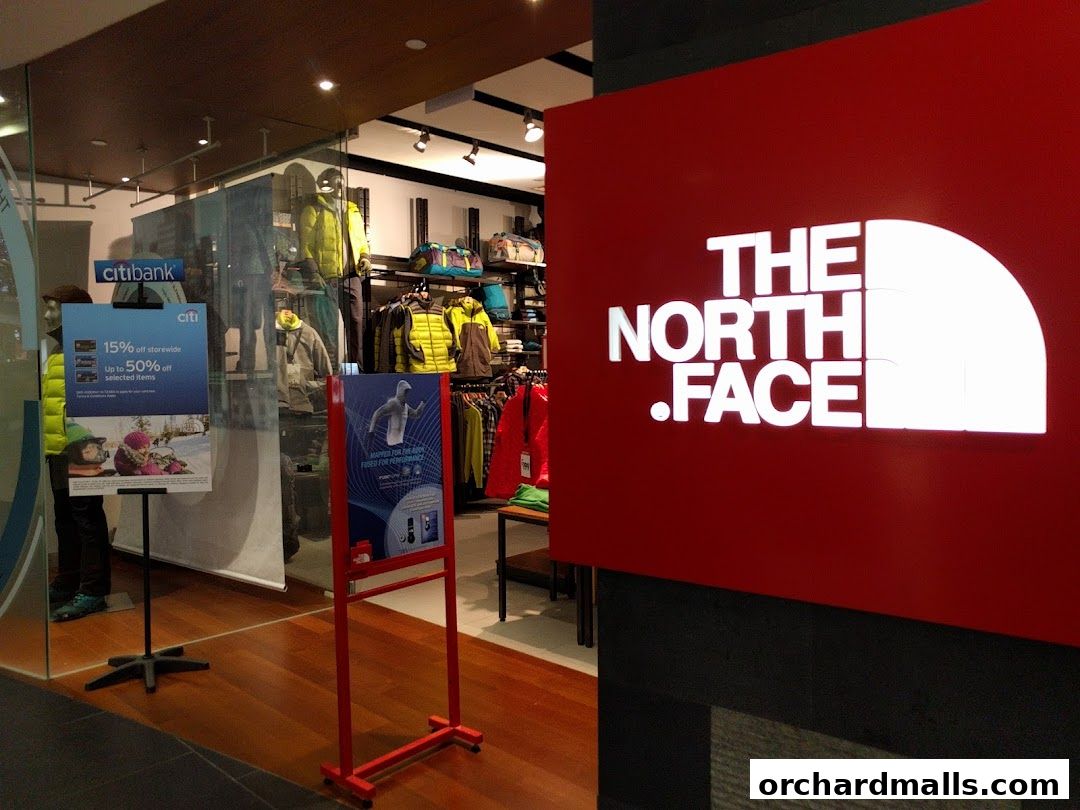 The North Face store entrance with prominent branding and merchandise displayed inside.