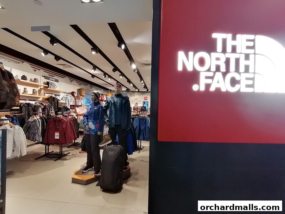 Interior view of The North Face store showcasing apparel and mannequins.