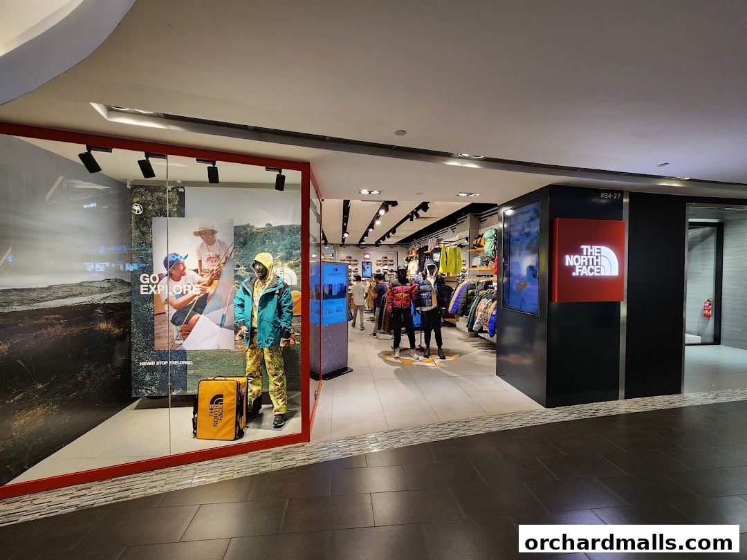 The North Face store entrance with mannequins, merchandise, and prominent branding.